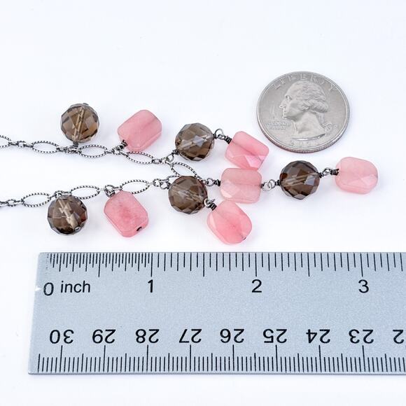 Smoky Rose Quartz Dangle Bib Necklace | Vintage Sterling Silver 925 | 16"-17" - Picture 4 of 5